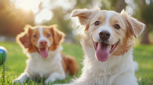 Two dogs laying in the grass with a ball between them, AI