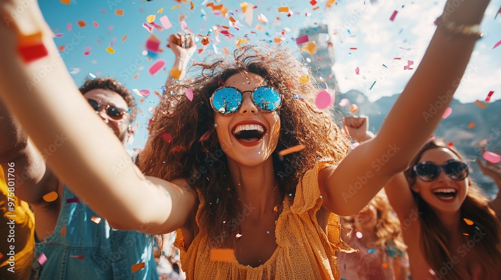 Obraz premium friends gathered on a sunny day, celebrating with laughter and colorful confetti, showcasing the unity, happiness, and festive energy of a carefree outdoor party