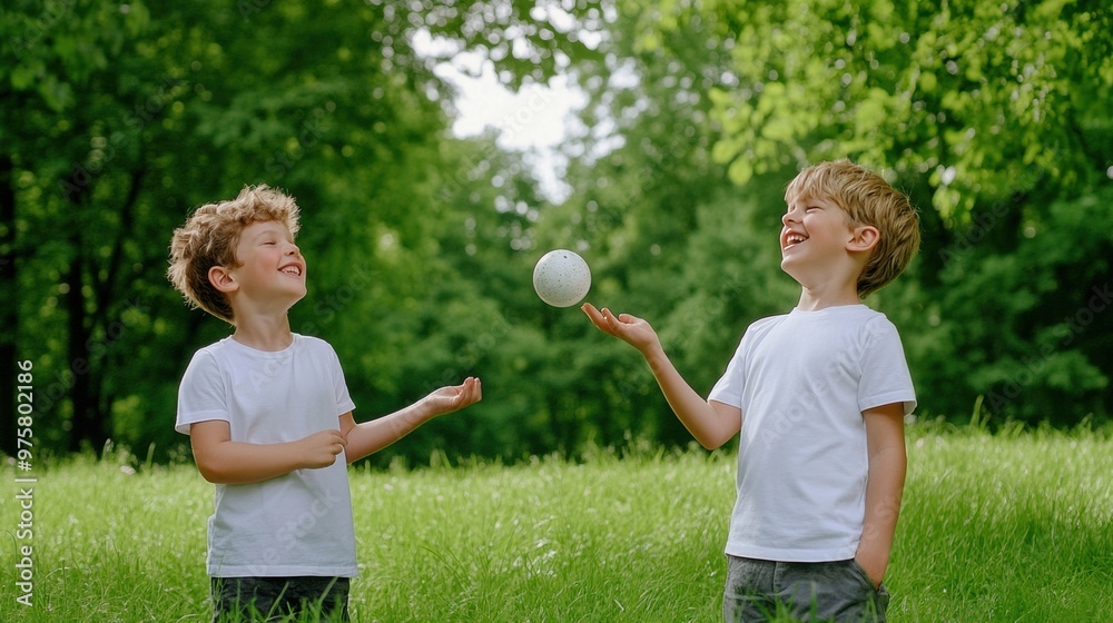 Two boys are playing with a ball in the grass, AI Two boys are playing with a ball in the grass, AI