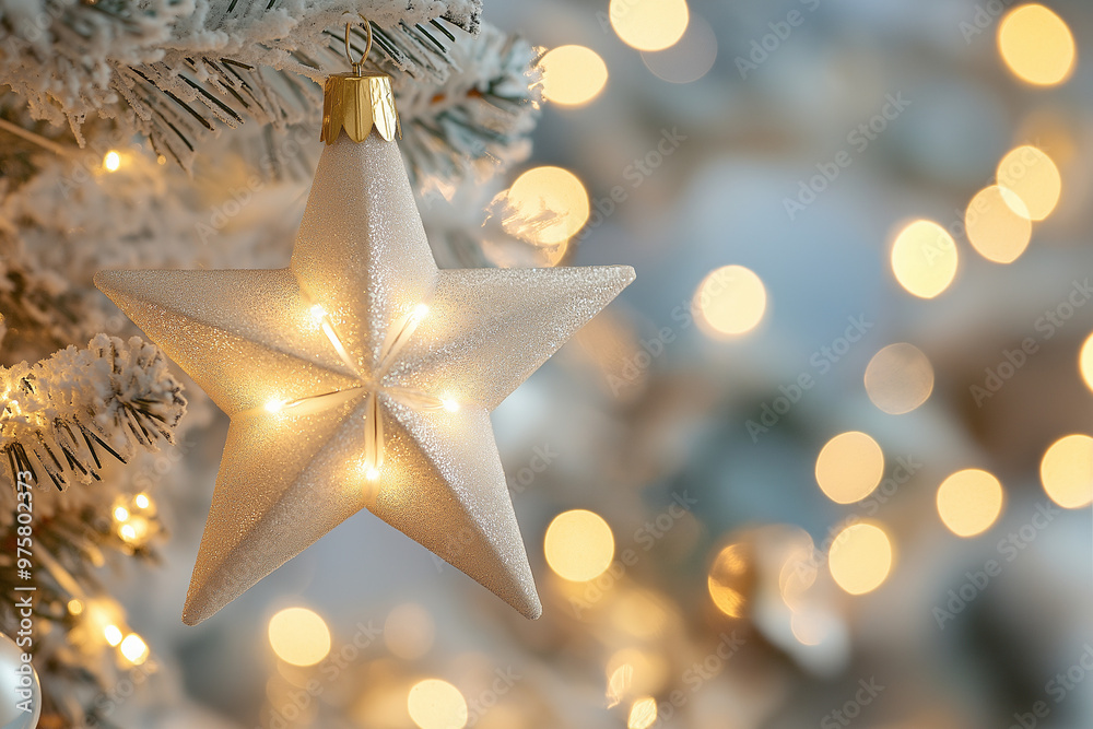 Light-up star ornament hanging on a Christmas tree with warm bokeh lights in a cozy setting Light-up star ornament hanging on a Christmas tree with warm bokeh lights in a cozy setting