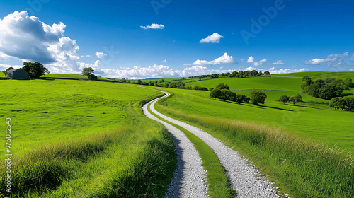 Winding Country Road Through Green Fields and Blue Sky