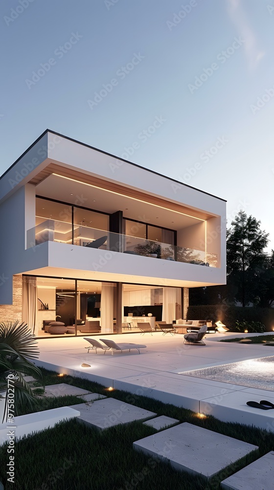 Fototapeta premium Modern Minimalist Home with Pool and Lawn