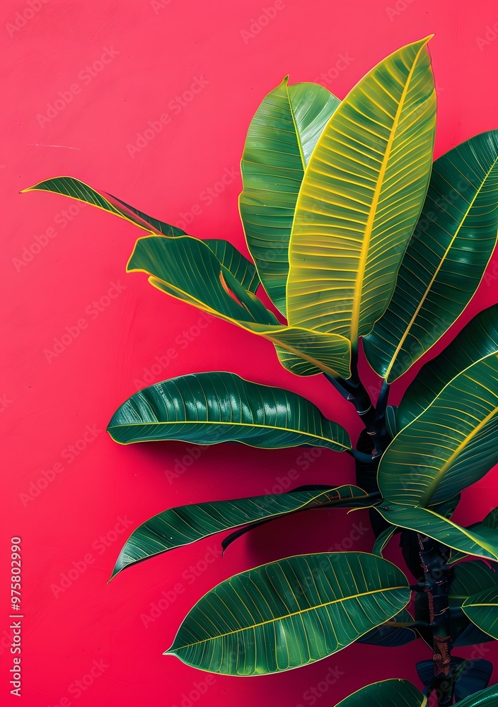 Obraz premium Green Leaves on Pink Wall Tropical Minimalist Background