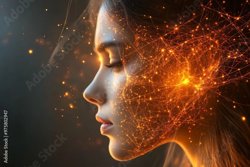 Glowing neural waves and light streams flow from a female face symbolizing human consciousness mental clarity and the delicate balance of emotions and thoughts in the modern world photo