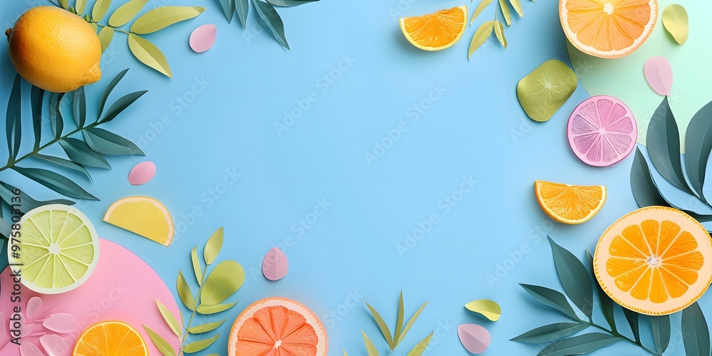 Summer Fruit Background With Lemon Orange and Leaves Summer Fruit Background With Lemon Orange and Leaves