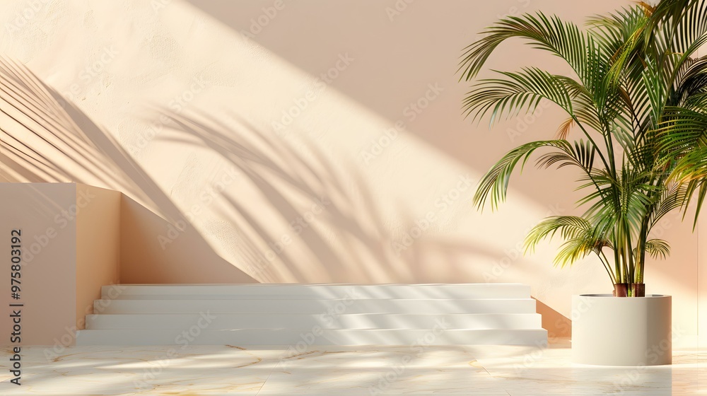 Minimalist Beige and White Product Display With Palm Tree