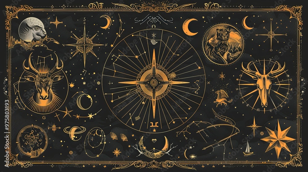 Gold Celestial Chart with Zodiac Symbols and Compass Rose