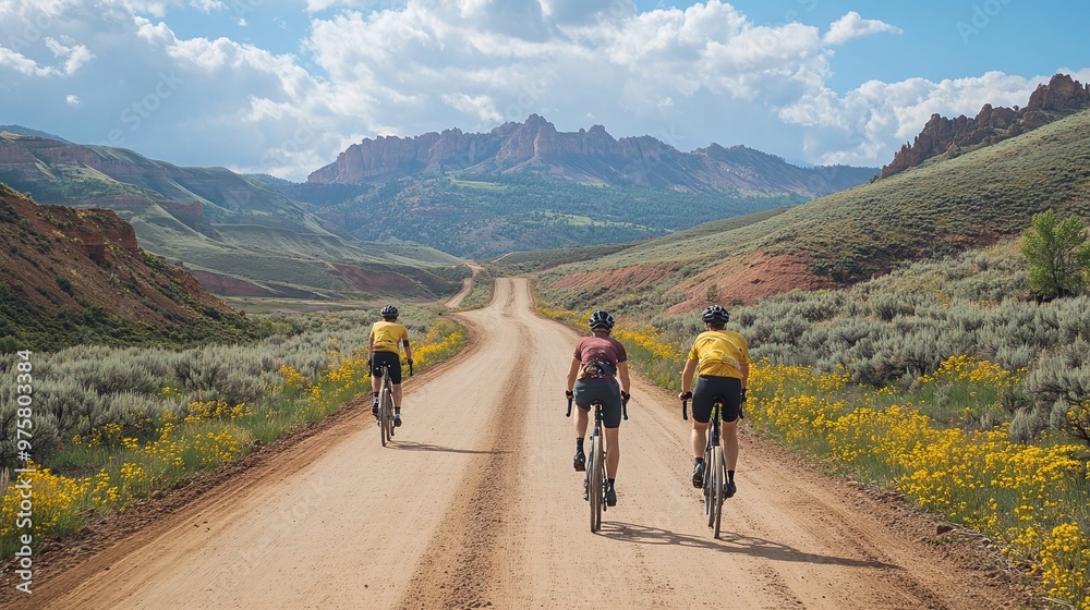 Obraz premium an adventurous group of cyclists pedaling down a scenic dirt road, enveloped by the countryside's natural beauty, embodying health, fitness, and the spirit of outdoor exploration
