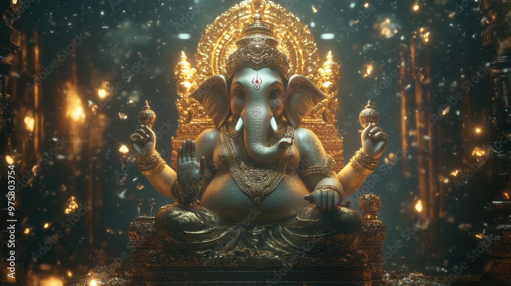 Fototapeta premium A luxurious virtual Ganesha, seated on a glowing throne of gold, with rich digital textures and divine presence.