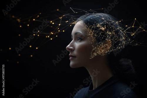 A woman with glowing neural waves around her head symbolizes the intersection of human emotions thoughts and digital neural connections in the ever evolving world of AI and neuroscience photo