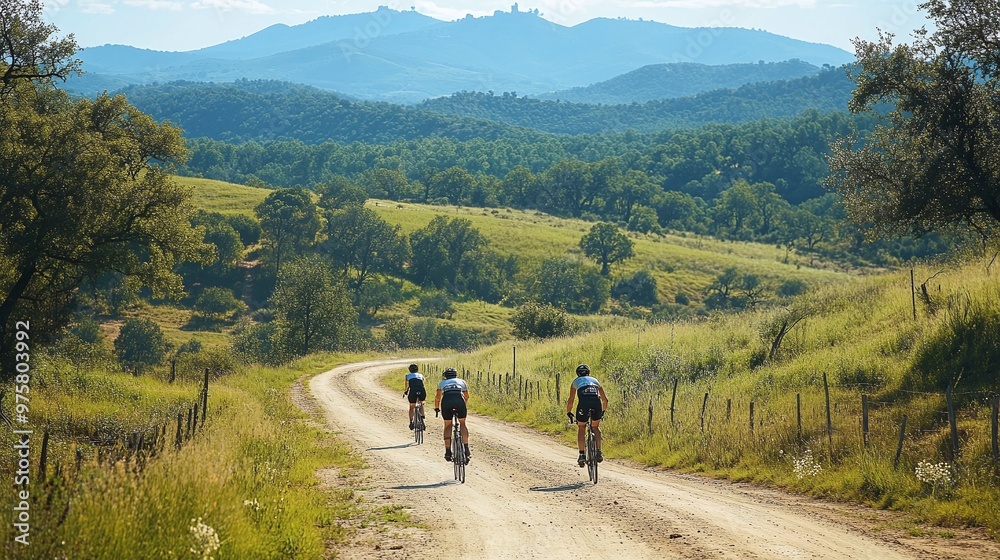 Fototapeta premium a group cycling together on a winding dirt road, set against a backdrop of stunning scenery and natural surroundings, enjoying a peaceful and adventurous outdoor journey