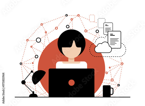 Global business digitization involves connected data being transferred and uploaded to a cloud server for storage and remote access, transferring documents using internet cloud technology