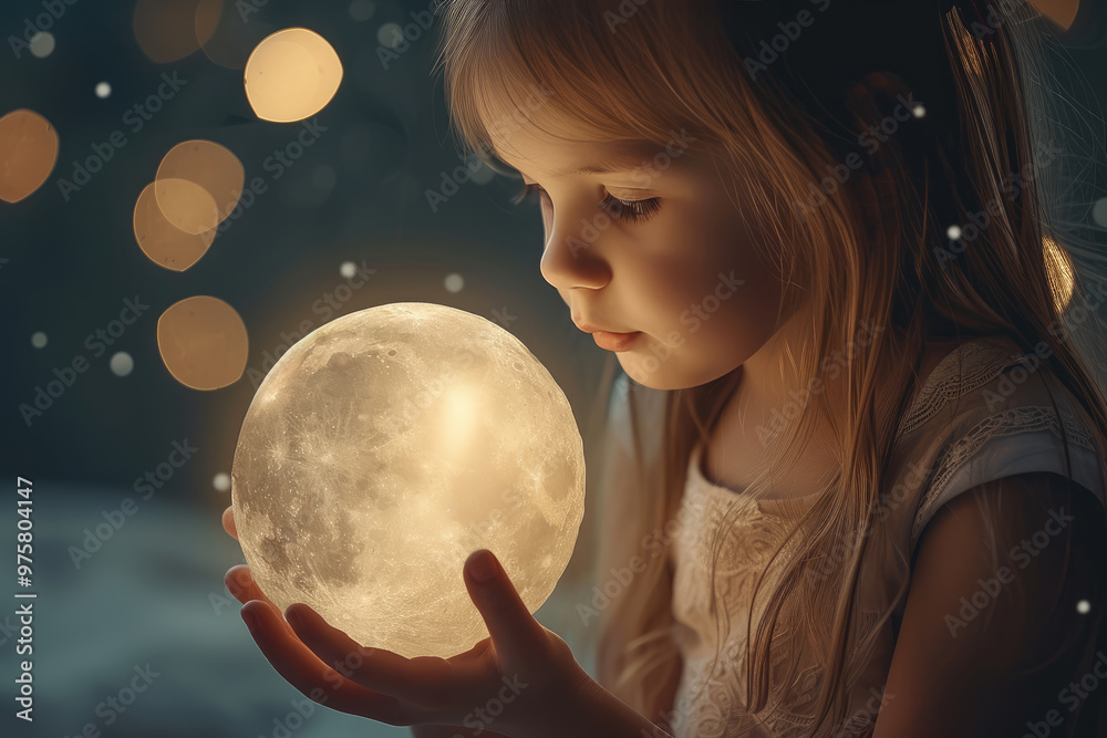 Naklejka premium Little girl holding luminous moon in her hands at night