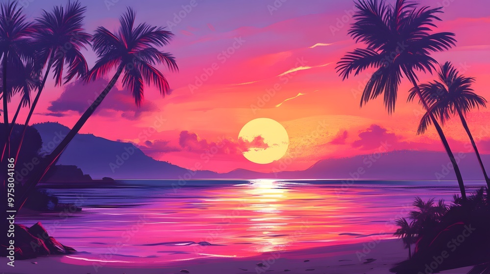 A stunning sunset over the tropical beach, with palm trees silhouetted against the vibrant colors of pink and purple in the sky