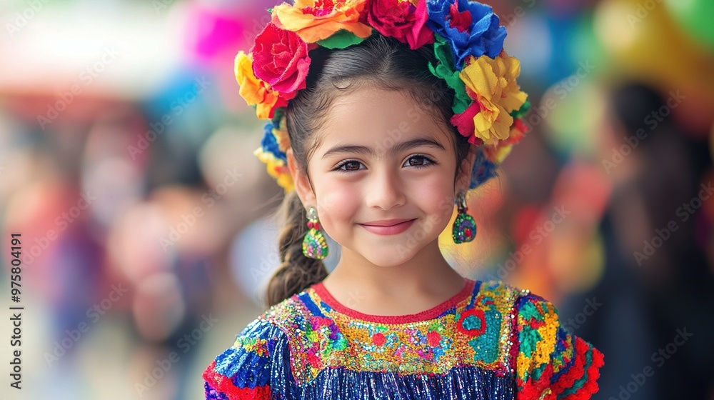 A child smiling in a colorful traditional outfit. A child smiling in a colorful traditional outfit.