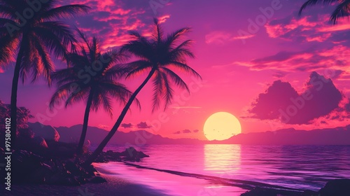 A stunning sunset over the tropical beach, with palm trees silhouetted against the vibrant colors of pink and purple in the sky