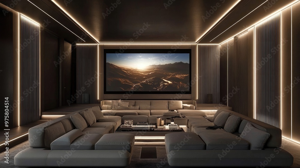 Modern home cinema featuring plush seating, a wide screen, and recessed ceiling lights with adjustable brightness for the perfect atmosphere. Modern home cinema featuring plush seating, a wide screen, and recessed ceiling lights with adjustable brightness for the perfect atmosphere.