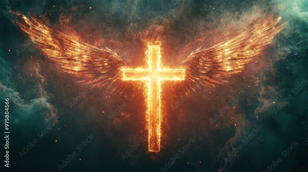 A glowing cross surrounded by ethereal angel wings, creating a dramatic and heavenly atmosphere, perfect for spiritual imagery. A glowing cross surrounded by ethereal angel wings, creating a dramatic and heavenly atmosphere, perfect for spiritual imagery.