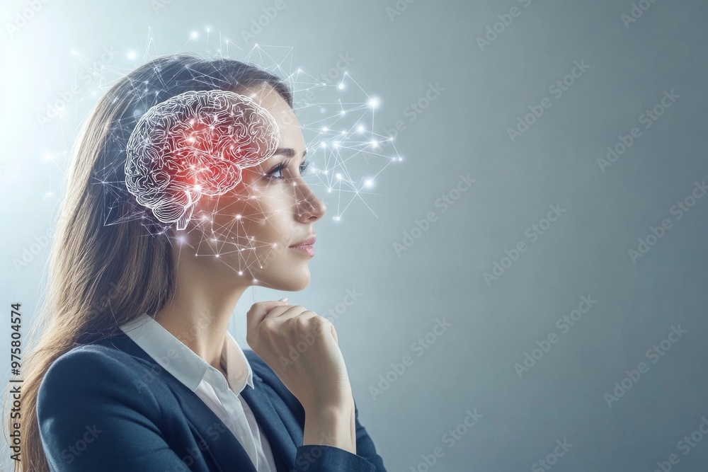 A businesswoman with a glowing brain and neural connections symbolizes the advanced thinking intellectual power and cognitive enhancement brought by modern digital technologies and neuroscience A businesswoman with a glowing brain and neural connections symbolizes the advanced thinking intellectual power and cognitive enhancement brought by modern digital technologies and neuroscience