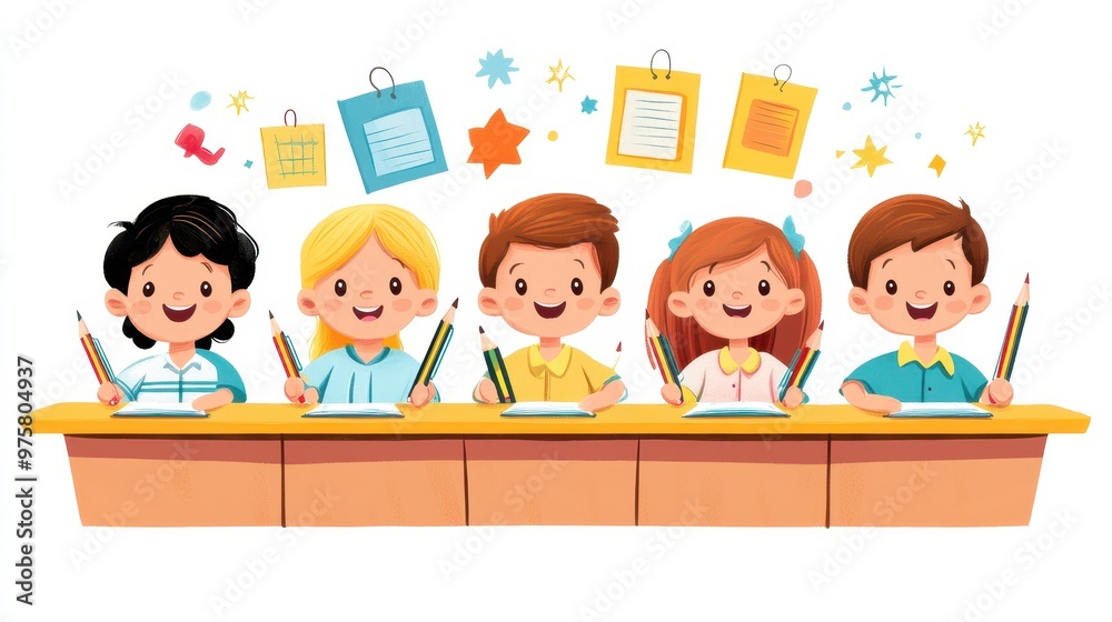 Five Happy Children Studying at Desk in Classroom Five Happy Children Studying at Desk in Classroom