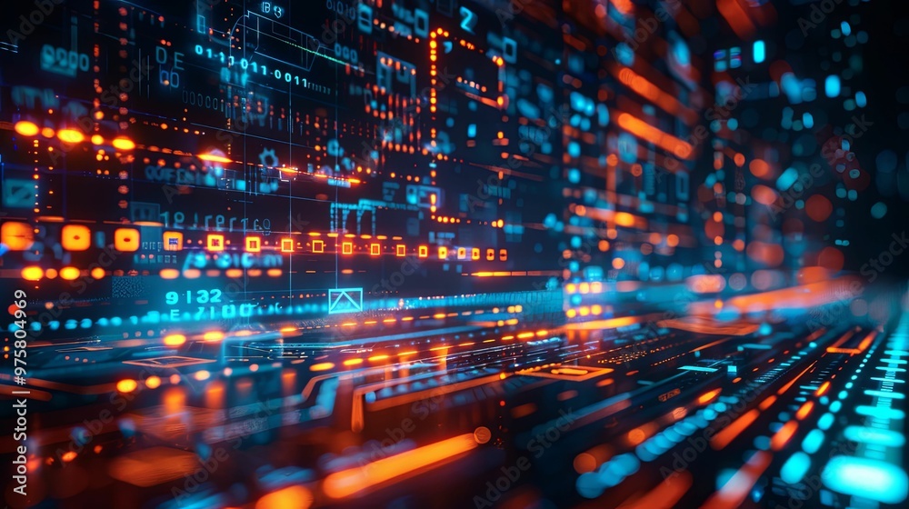 Abstract Digital Network with Binary Code and Glowing Lights