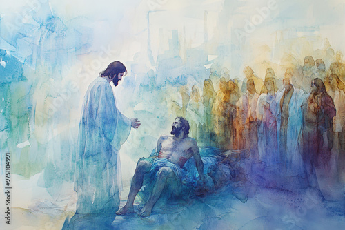 Jesus is healing a paralyzed man lying down in front of a crowd