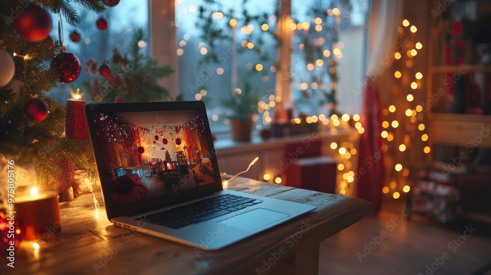 Laptop with Christmas Tree Reflection. Laptop with Christmas Tree Reflection.