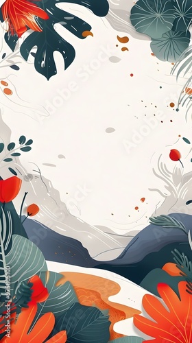 Abstract Floral Background Illustration with Red and Green Leaves