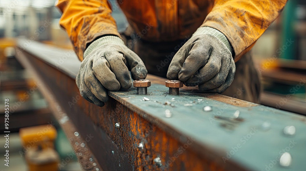 Close-up of Worker's Hands Installing Fasteners on Metal Beam Close-up of Worker's Hands Installing Fasteners on Metal Beam