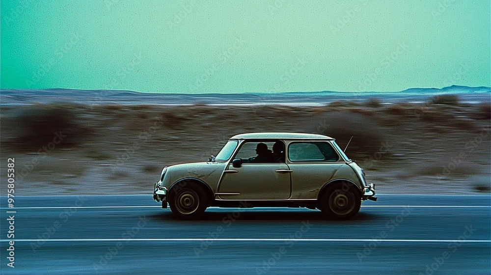 Obraz premium Speeding Retro Mini Cooper on Picturesque Road Through Natural Landscape