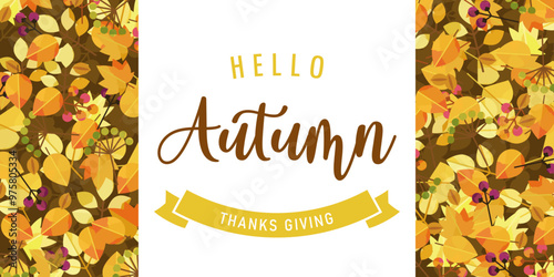 秋 サンクスギビング 感謝祭 フレーム バナー ( ベクター 落ち葉 木の実 ブラウン 1:2 )