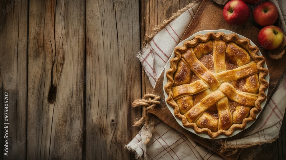 A freshly baked apple pie sits on a wooden table beside a few ripe apples A freshly baked apple pie sits on a wooden table beside a few ripe apples