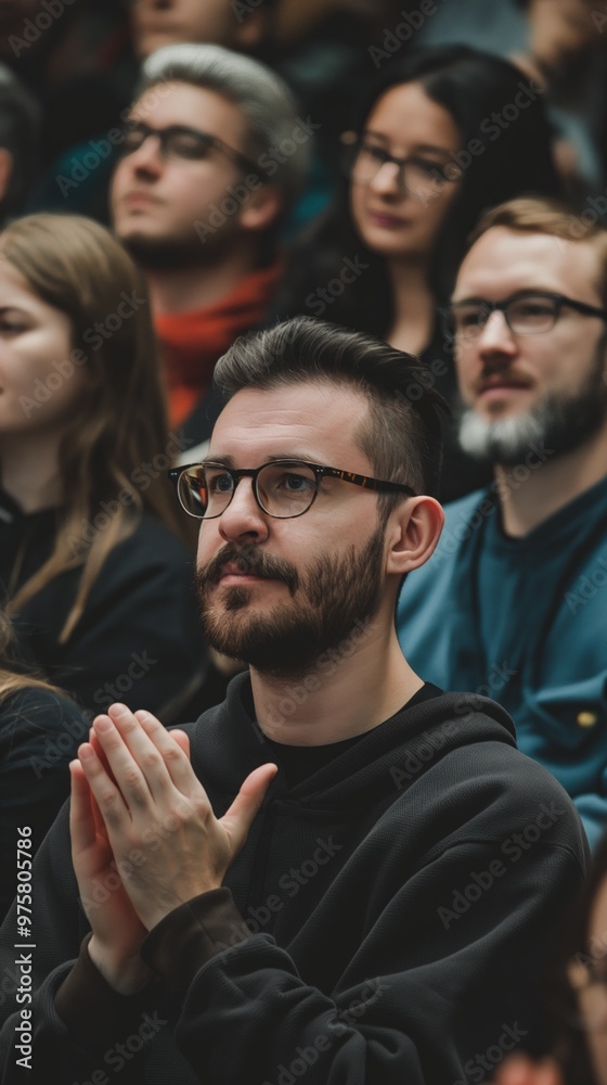 Fototapeta premium A man claps joyfully among an engaged audience, immersed in the performance's excitement