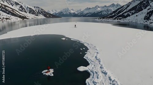 Paddle boarder in a pan right drone photo against a backdrop of snow-covered mountains.