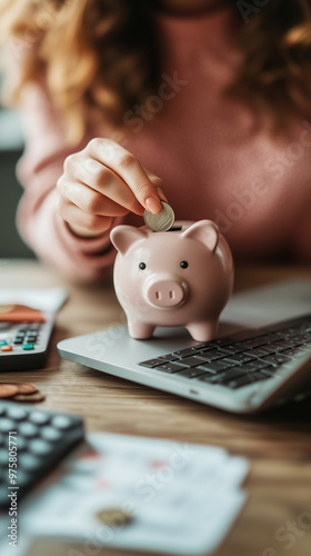 female hand which puts a coin in a piggy bank, money saving concept, created with generative AI technology