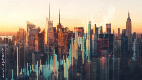 A forex chart superimposed on the iconic New York skyline, illustrating the city's bustling financial activity.