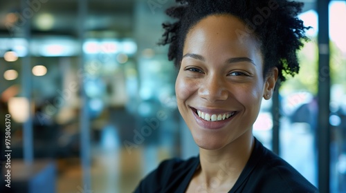 A young Black woman radiates confidence and approachability in a bright office space