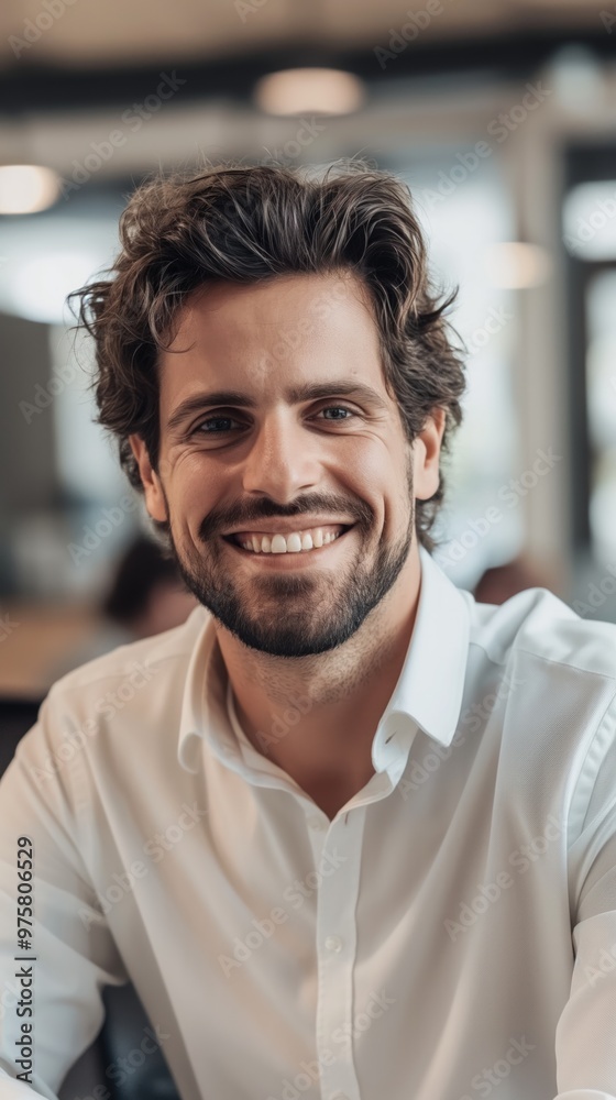 Obraz premium A confident young man smiles warmly while sitting in a bright office environment