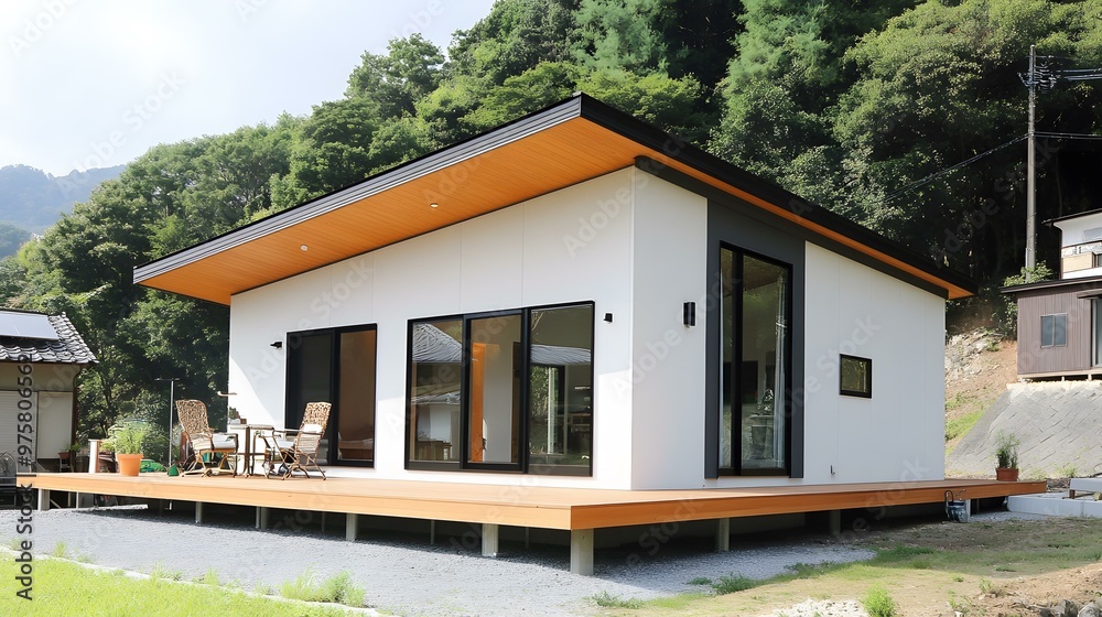 Modern White House with Wooden Deck and Green Trees in the Background Modern White House with Wooden Deck and Green Trees in the Background