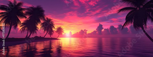 A stunning sunset over the tropical beach, with palm trees silhouetted against the vibrant colors of pink and purple in the sky