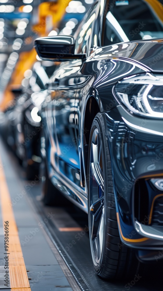 Obraz premium Luxury cars lined up in an assembly line, highlighting precision and craftsmanship in manufacturing