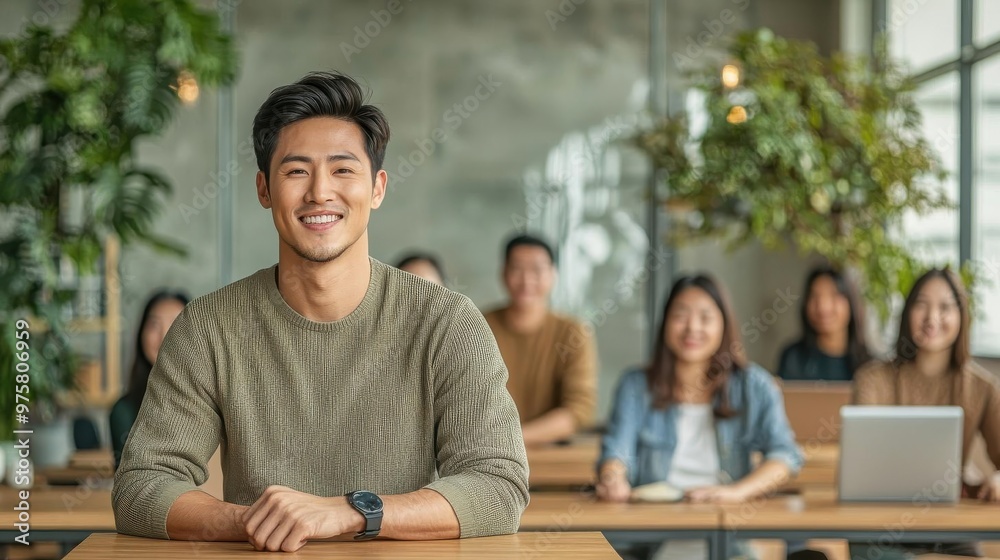 Capture a long shot of an Asian entrepreneur confidently leading a diverse team towards growth, emphasizing leadership qualities Capture a long shot of an Asian entrepreneur confidently leading a diverse team towards growth, emphasizing leadership qualities