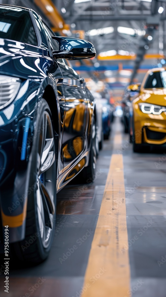 Close-up view of luxury cars highlighted by natural light in an assembly line Close-up view of luxury cars highlighted by natural light in an assembly line
