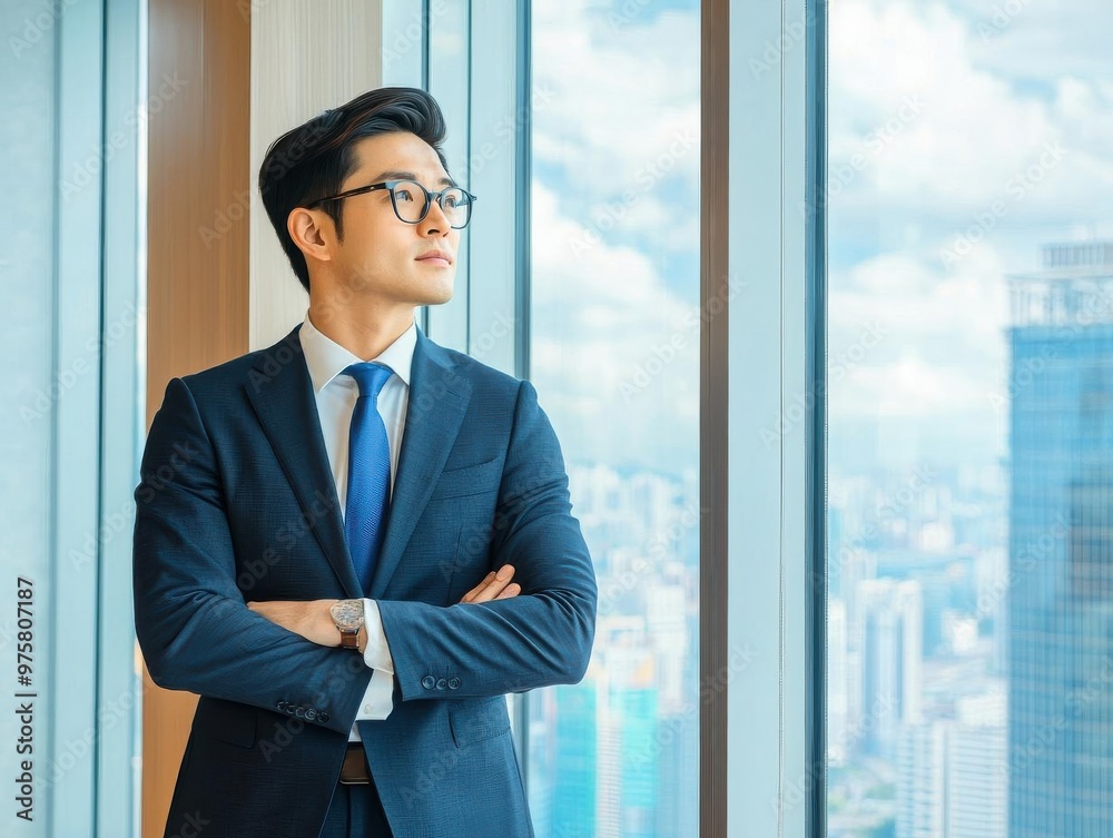 Illustrate an Asian business leader looking out a window, symbolizing visionary leadership and creative thinking in a modern office setting using digital techniques Illustrate an Asian business leader looking out a window, symbolizing visionary leadership and creative thinking in a modern office setting using digital techniques