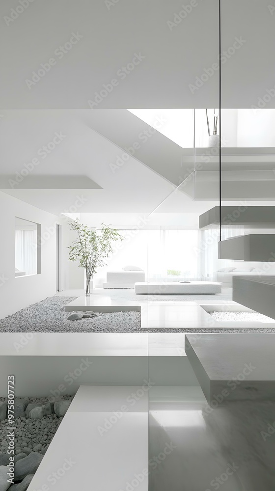 Fototapeta premium Modern Minimalist Interior Design with White Walls and a Zen Garden