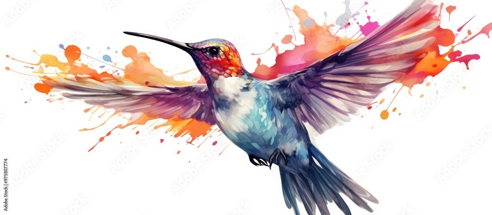 Hummingbird in Flight with Watercolor Splashes