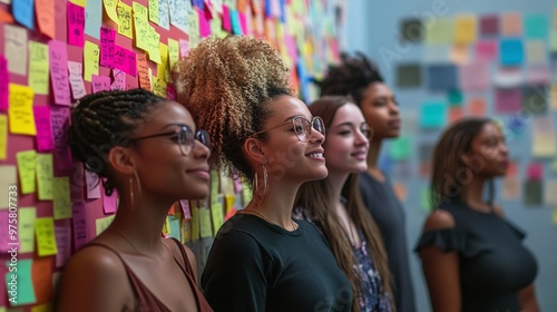 women in teamwork and collaboration, discussing and strategizing next to a wall adorned with sticky notes, emphasizing diversity and innovation in office environmen photo