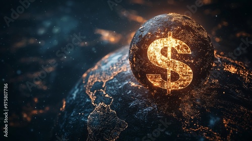 An illuminated globe with a glowing golden dollar symbol, representing wealth, global finance, and the international economy.