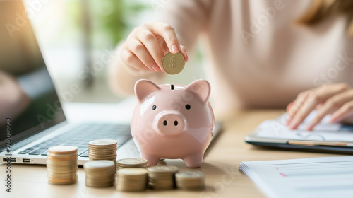 female hand which puts a coin in a piggy bank, money saving concept, created with generative AI technology