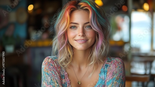 Smiling Woman with Rainbow Hair